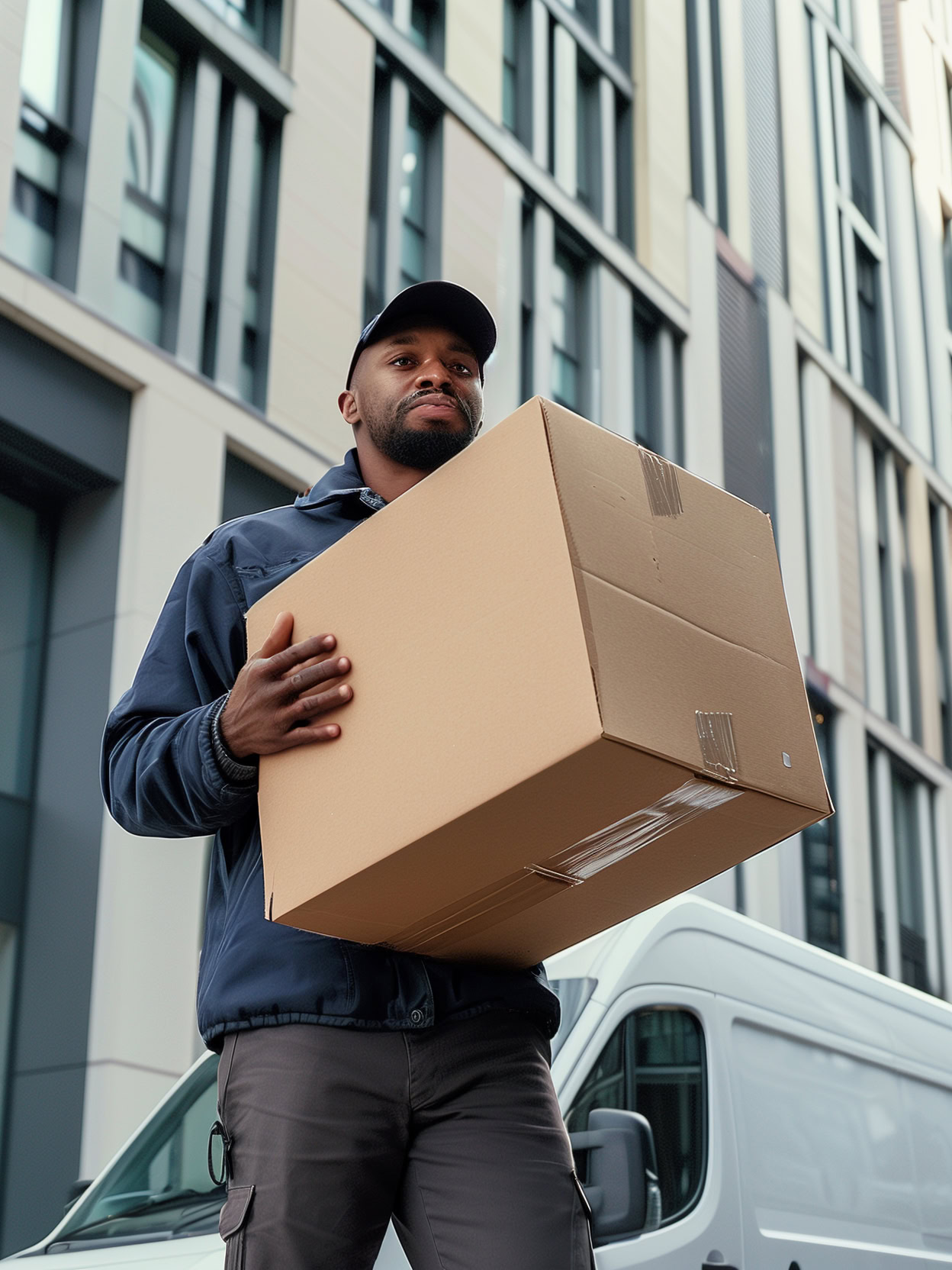 a mover holds a large cardboard box, standing on a street in canary wharf with high-rise buildings and a white van nearby