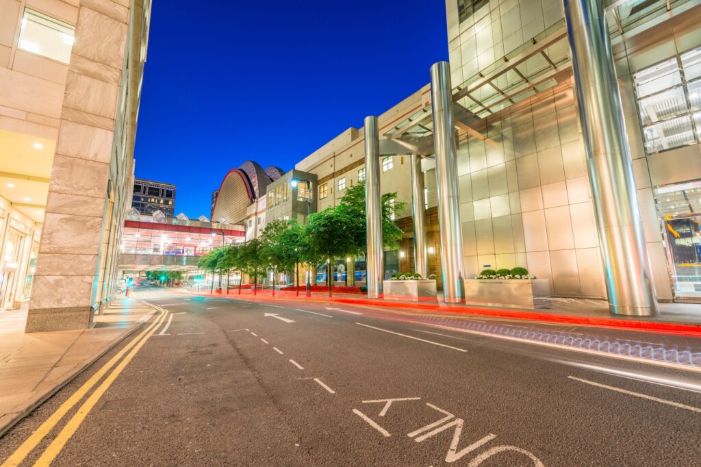 A street in Canary Wharf at night