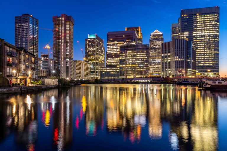 The Canary Wharf Skyline during sunset, in the concept of moving into Canary Wharf