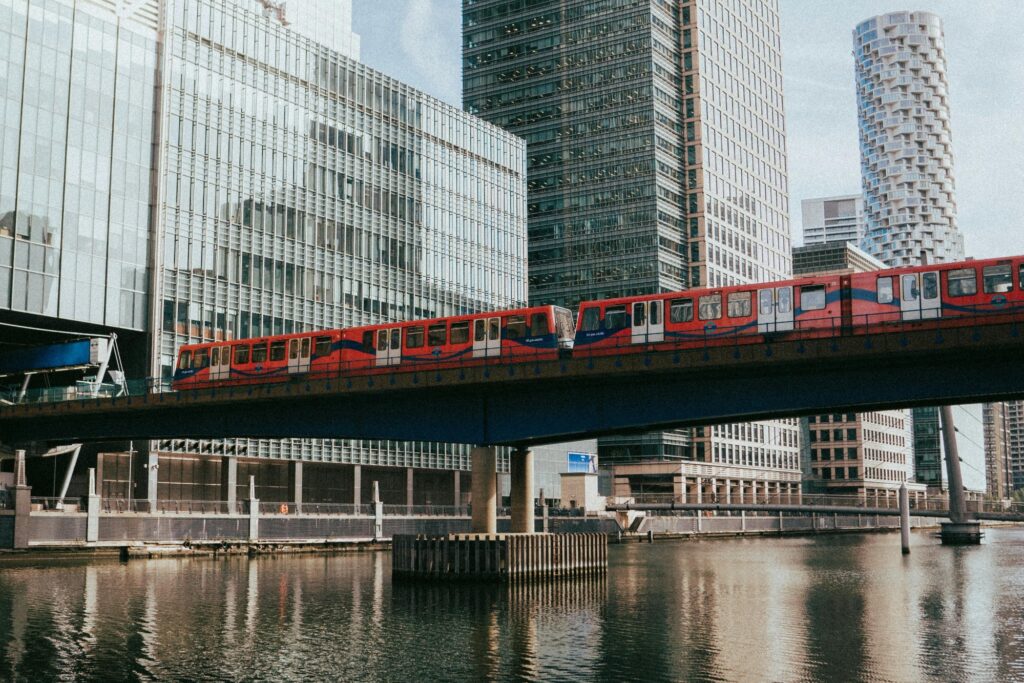 A railway bridge over River Thames in Canary Wharf in the concept of public transport in Canary Wharf.